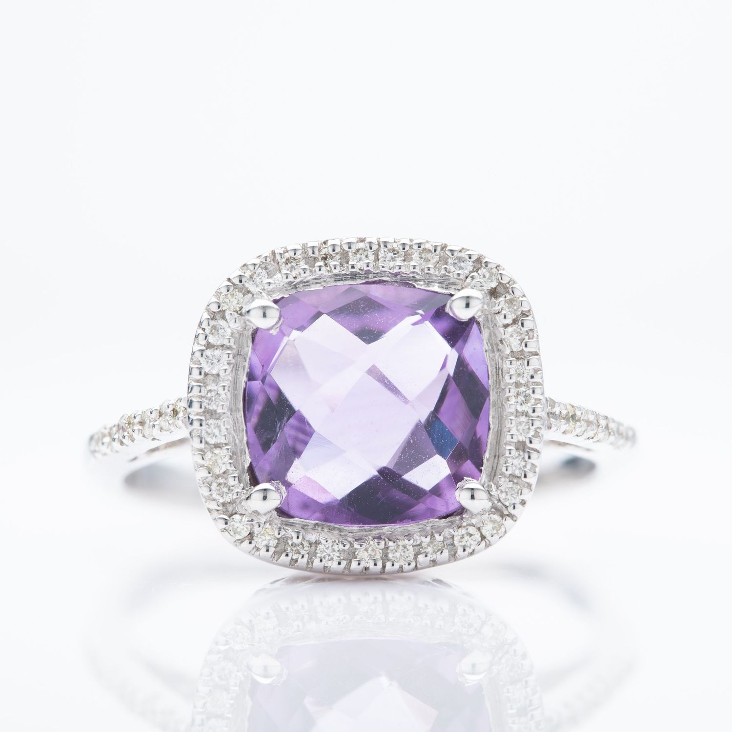 9ct White Gold Cushion Cut Amethyst & Round Brilliant Cut Diamond Cluster Ring
