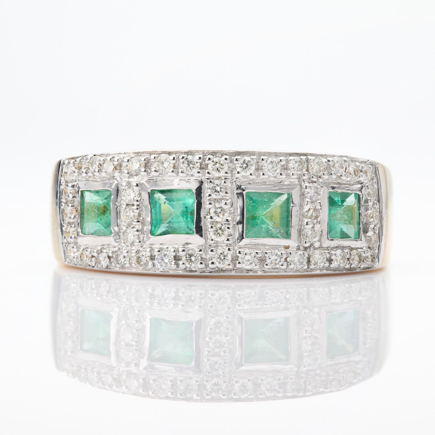 9ct Yellow Gold Emerald & Diamond Half Eternity Cluster Ring