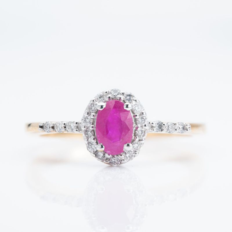 9ct Gold Oval Cut Ruby & Round Brilliant Cut Diamond Halo Cluster Ring