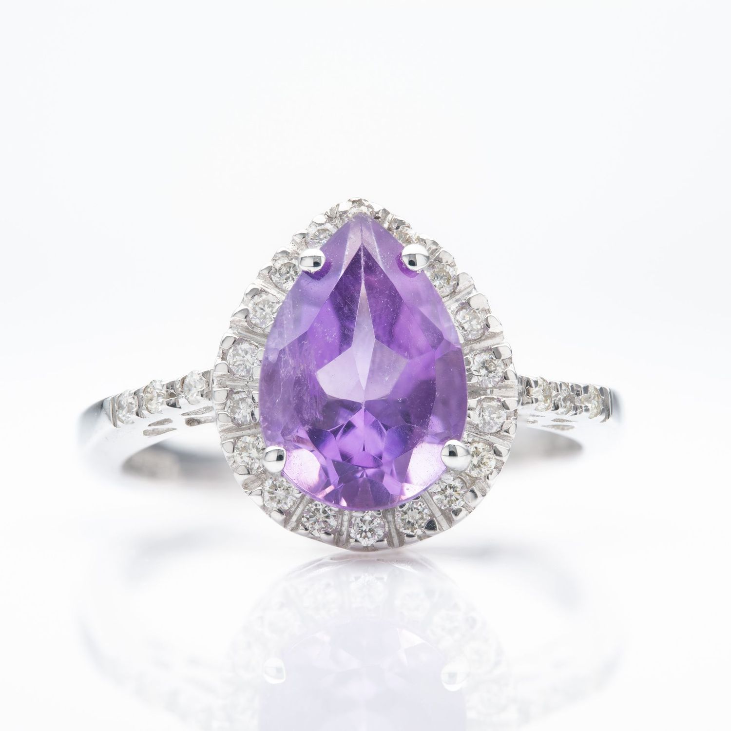 9ct White Gold Pear Cut Amethsyt & Round Brilliant Cut Diamond Halo Cluster Ring