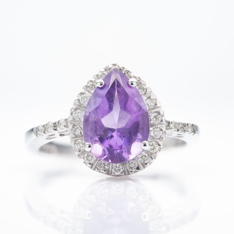 9ct White Gold Pear Cut Amethsyt & Round Brilliant Cut Diamond Halo Cluster Ring