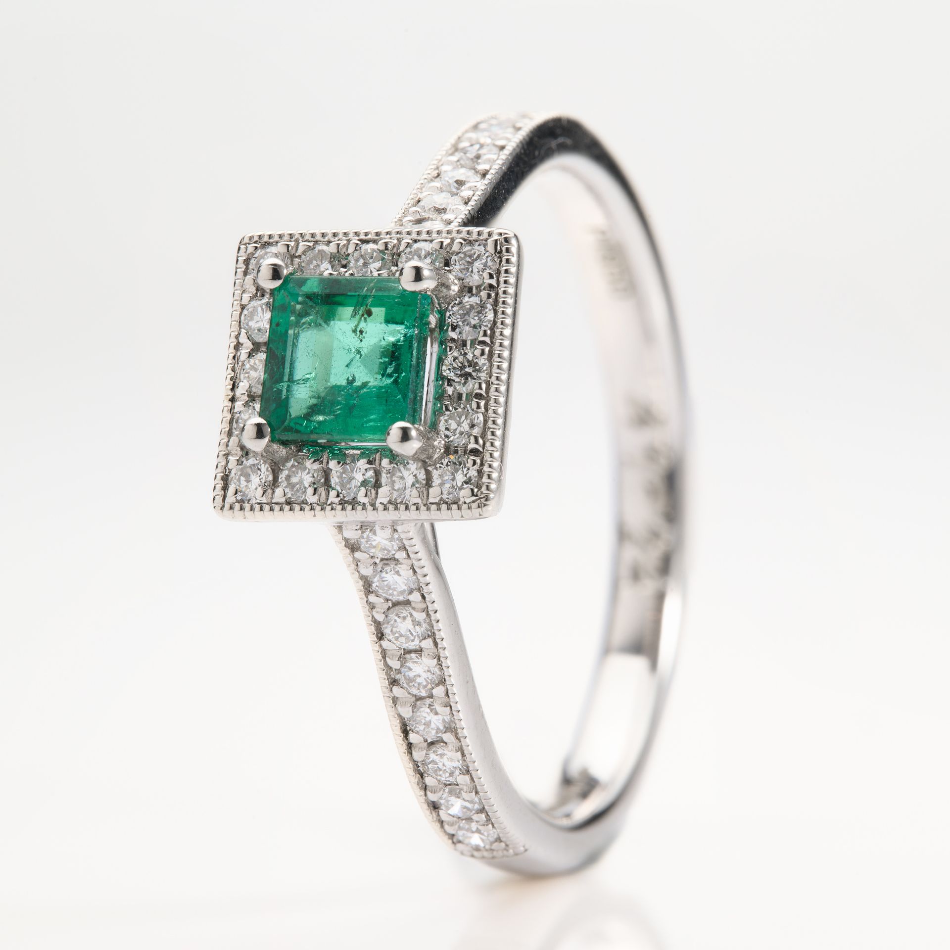 Platinum Princess Cut Emerald & Round Brilliant Cut Diamond Halo Cluster Ring with Diamond Shoulders