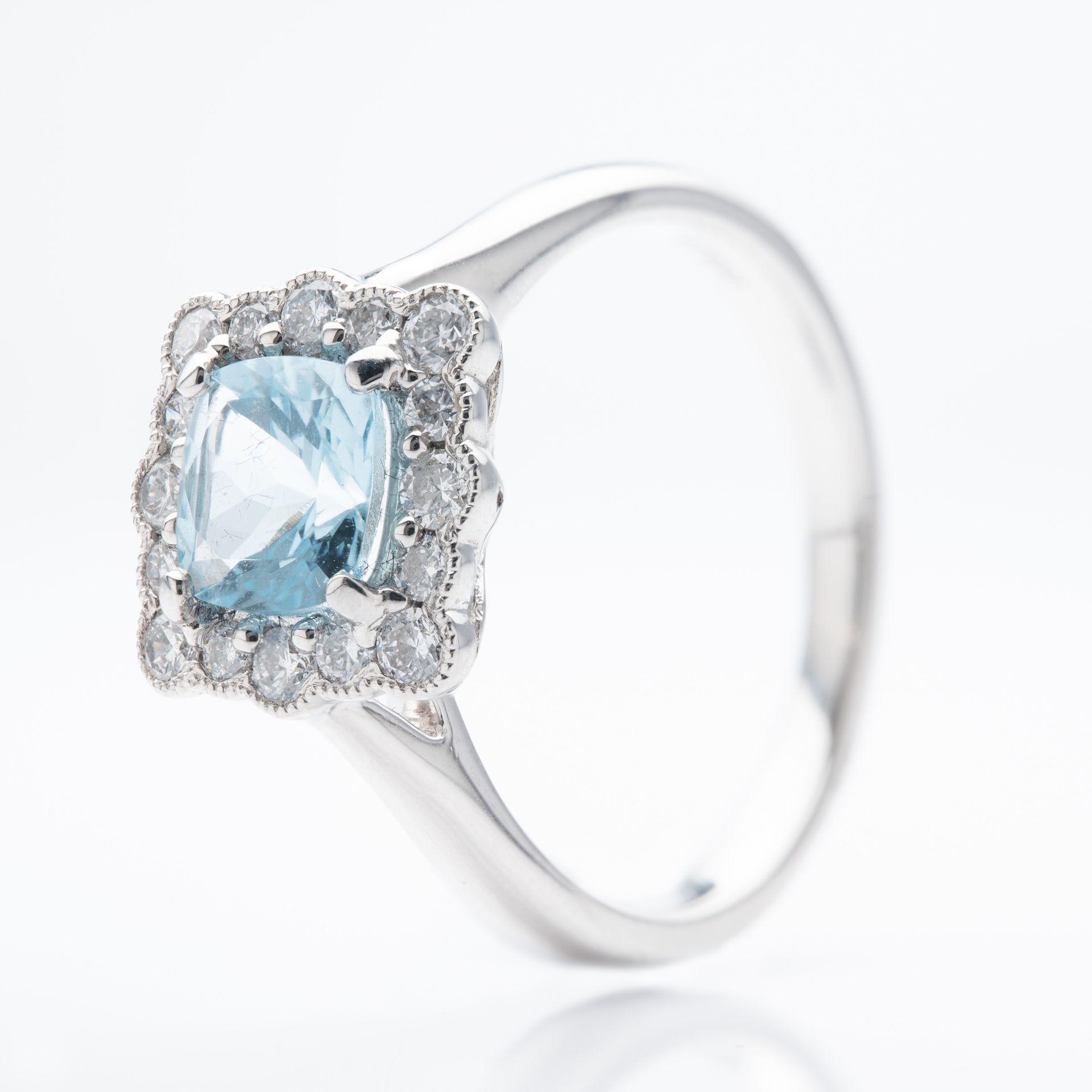Platinum Cushion Cut Aquamarine & Round Brilliant Cut Diamond Vintage Inspired Halo Ring