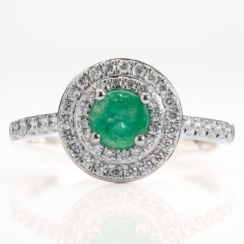 Platinum Round Cut Emerald & Round Brilliant Cut Diamond Double Halo Cluster Ring