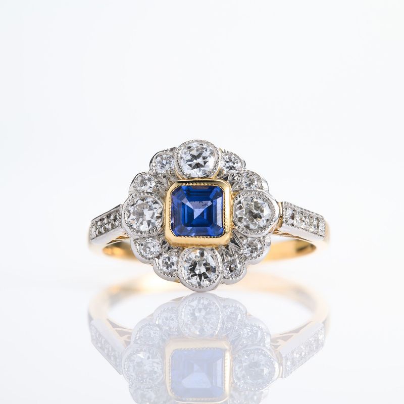 Pre-Loved 18ct Yellow Gold & Platinum Square Cut Sapphire & Round Brilliant Cut Diamond Cluster Ring
