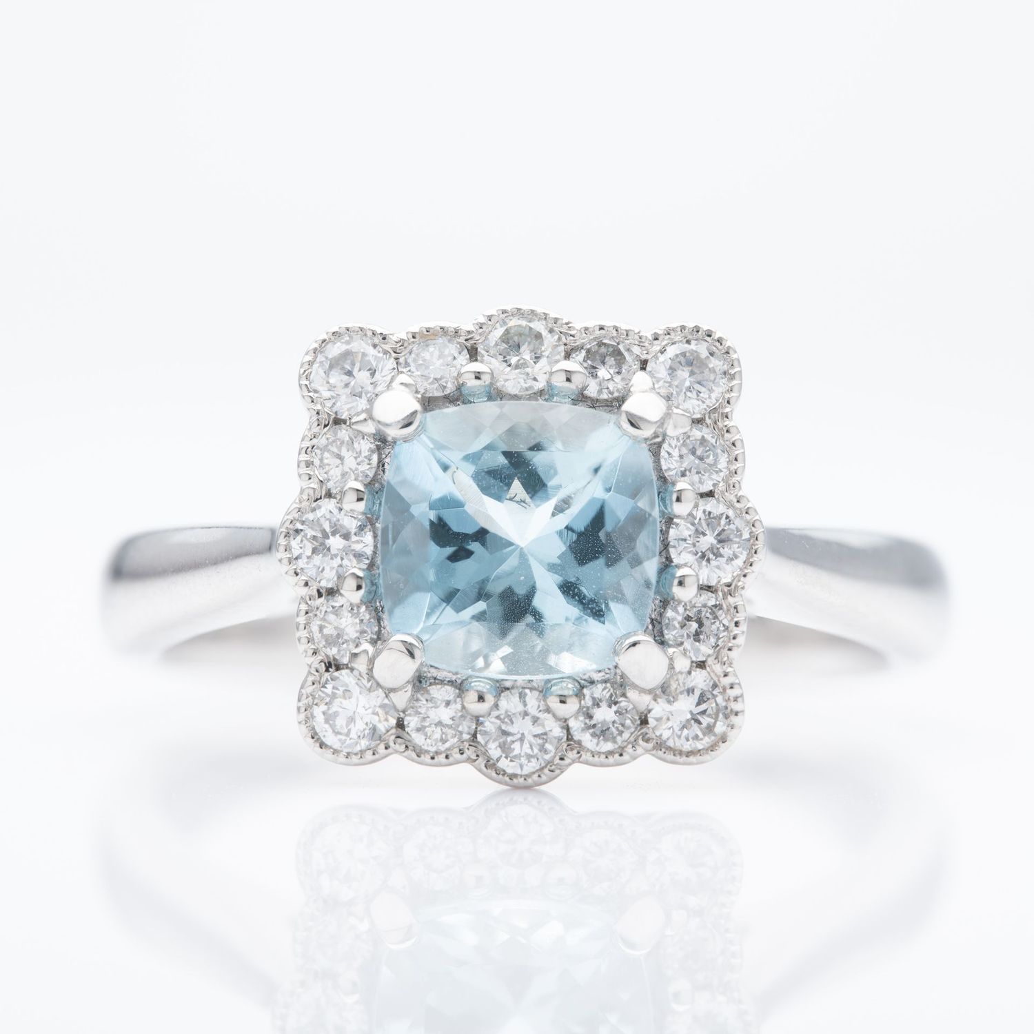 Platinum Cushion Cut Aquamarine & Round Brilliant Cut Diamond Vintage Inspired Halo Ring