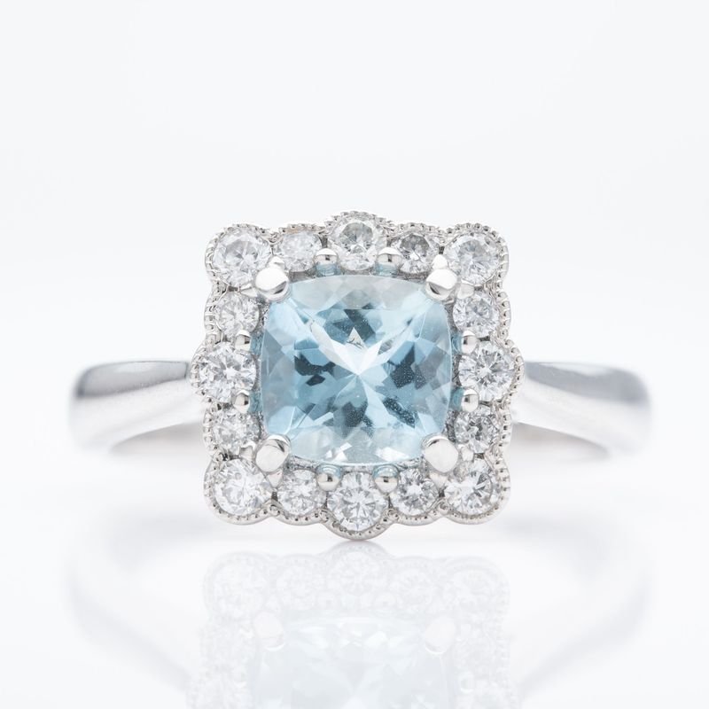 Platinum Cushion Cut Aquamarine & Round Brilliant Cut Diamond Vintage Inspired Halo Ring