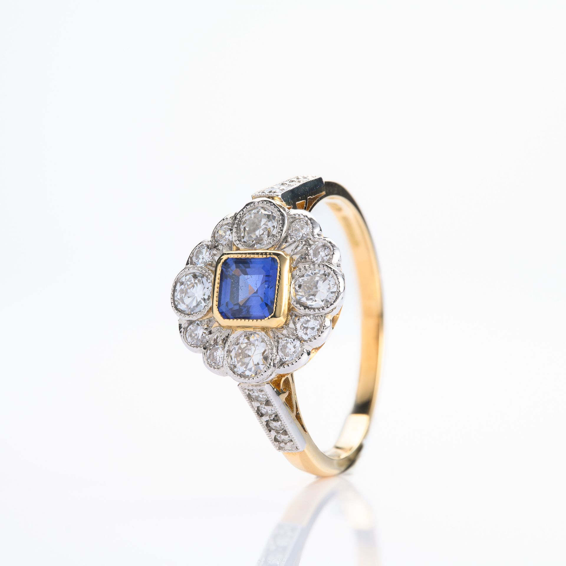 Pre-Loved 18ct Yellow Gold & Platinum Square Cut Sapphire & Round Brilliant Cut Diamond Cluster Ring