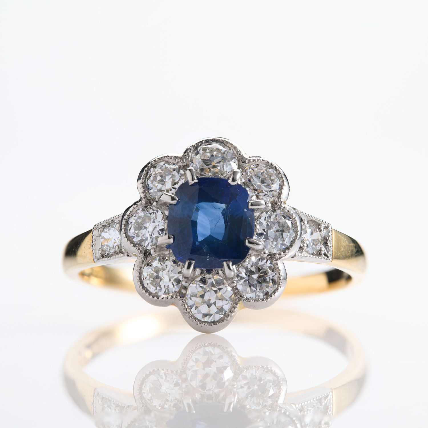 Pre-Loved 18ct Yellow Gold & Platinum Round Cut Sapphire & Diamond Cluster Ring