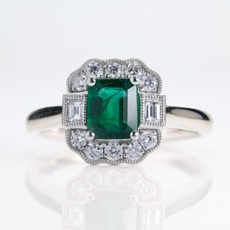 Platinum Octagonal Cut Emerald & Round Brilliant Cut Diamond Vintage Inspired Halo Cluster Ring