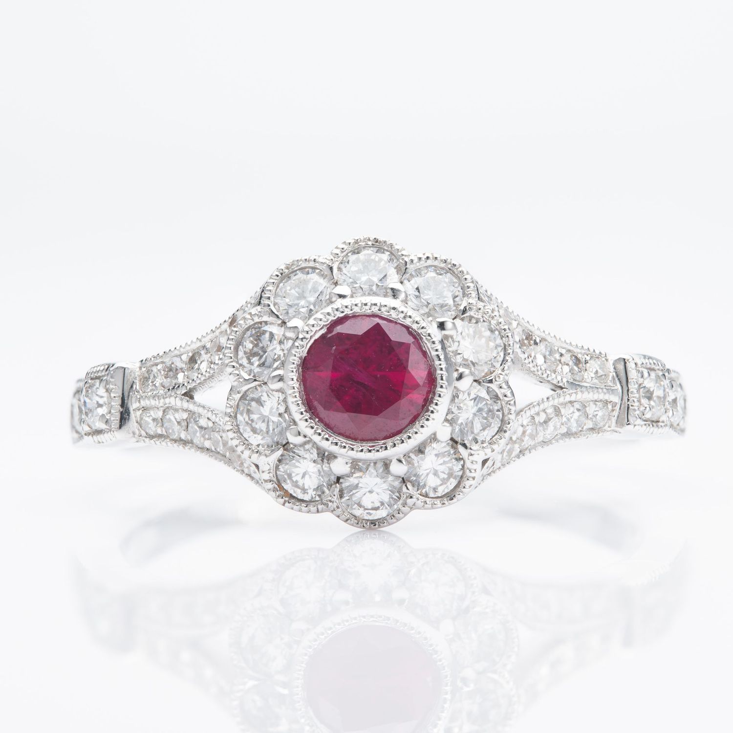 18ct White Gold Round Cut Ruby & Round Brilliant Cut Diamond Flower Cluster Ring