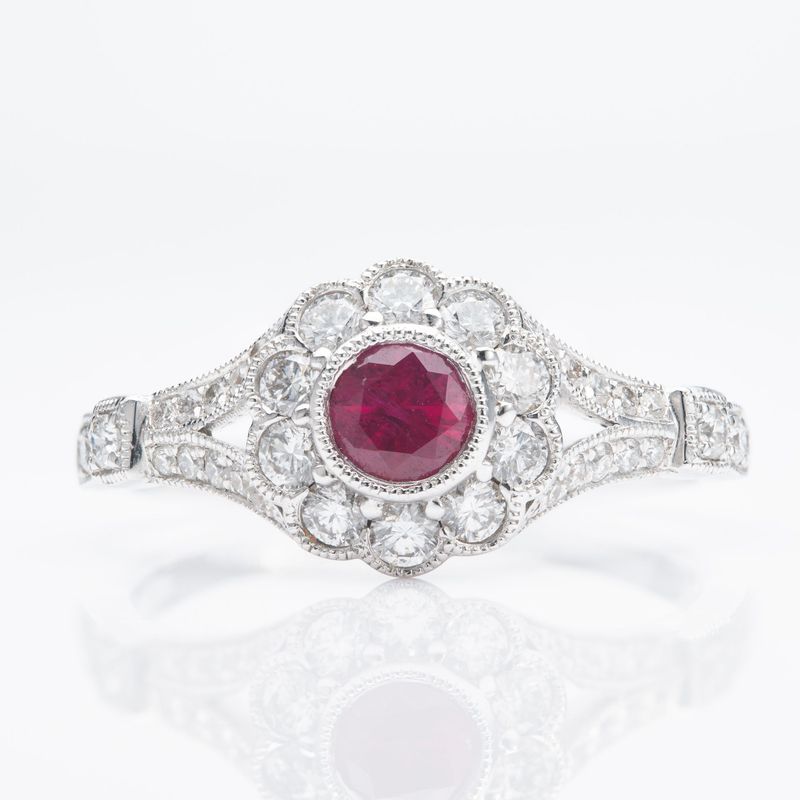 18ct White Gold Round Cut Ruby & Round Brilliant Cut Diamond Flower Cluster Ring