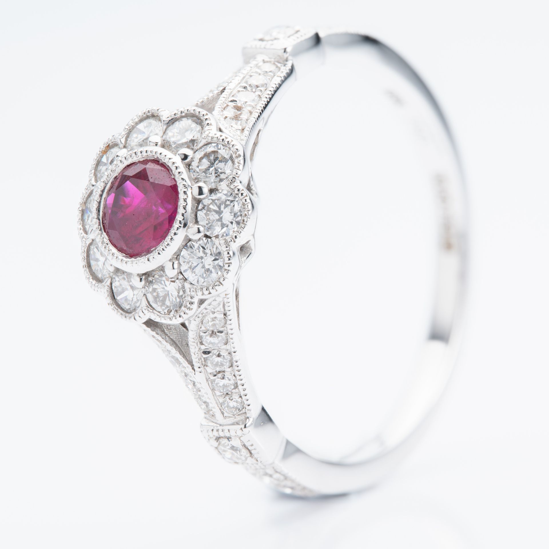 18ct White Gold Round Cut Ruby & Round Brilliant Cut Diamond Flower Cluster Ring