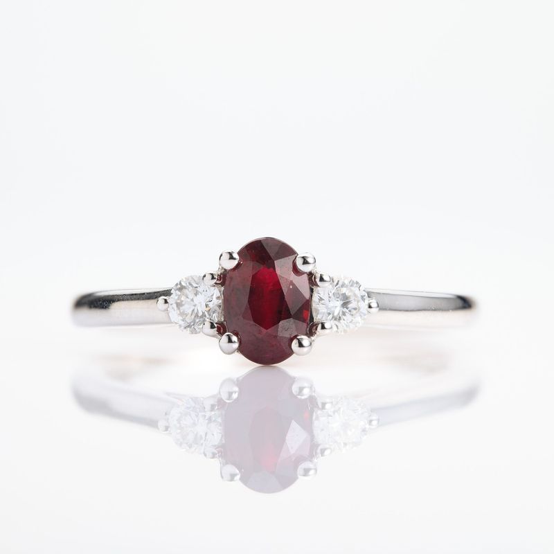 Platinum Oval Cut Ruby & Round Brilliant Cut Diamond Trilogy Ring