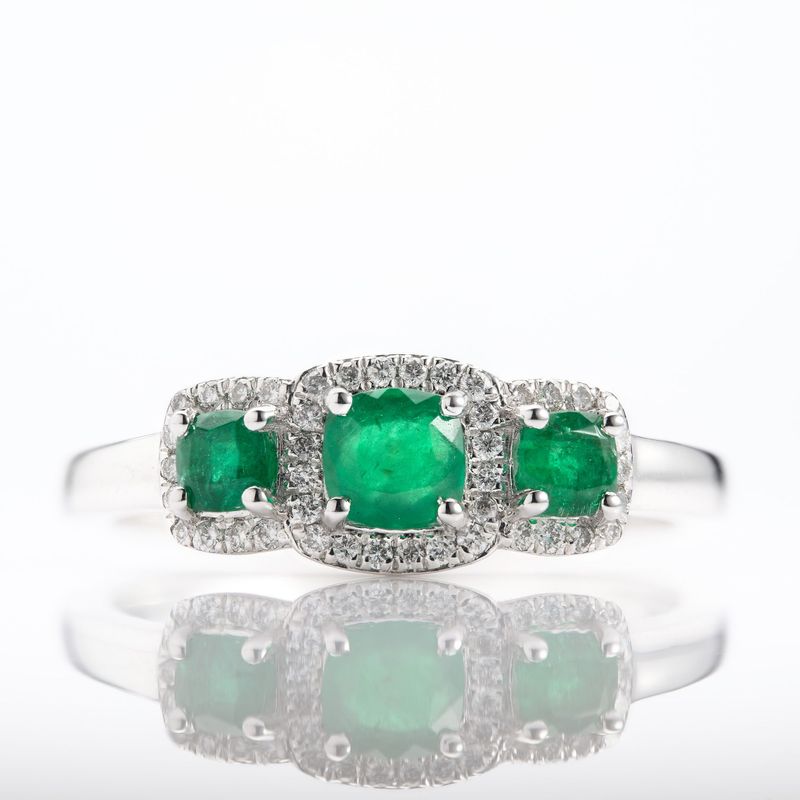 Platinum Round Cut Emerald & Round Brilliant Cut Diamond Triple Halo Cluster Ring