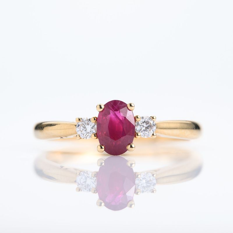 18ct Yellow Gold Oval Cut Ruby & Round Brilliant Cut Diamond Trilogy Ring