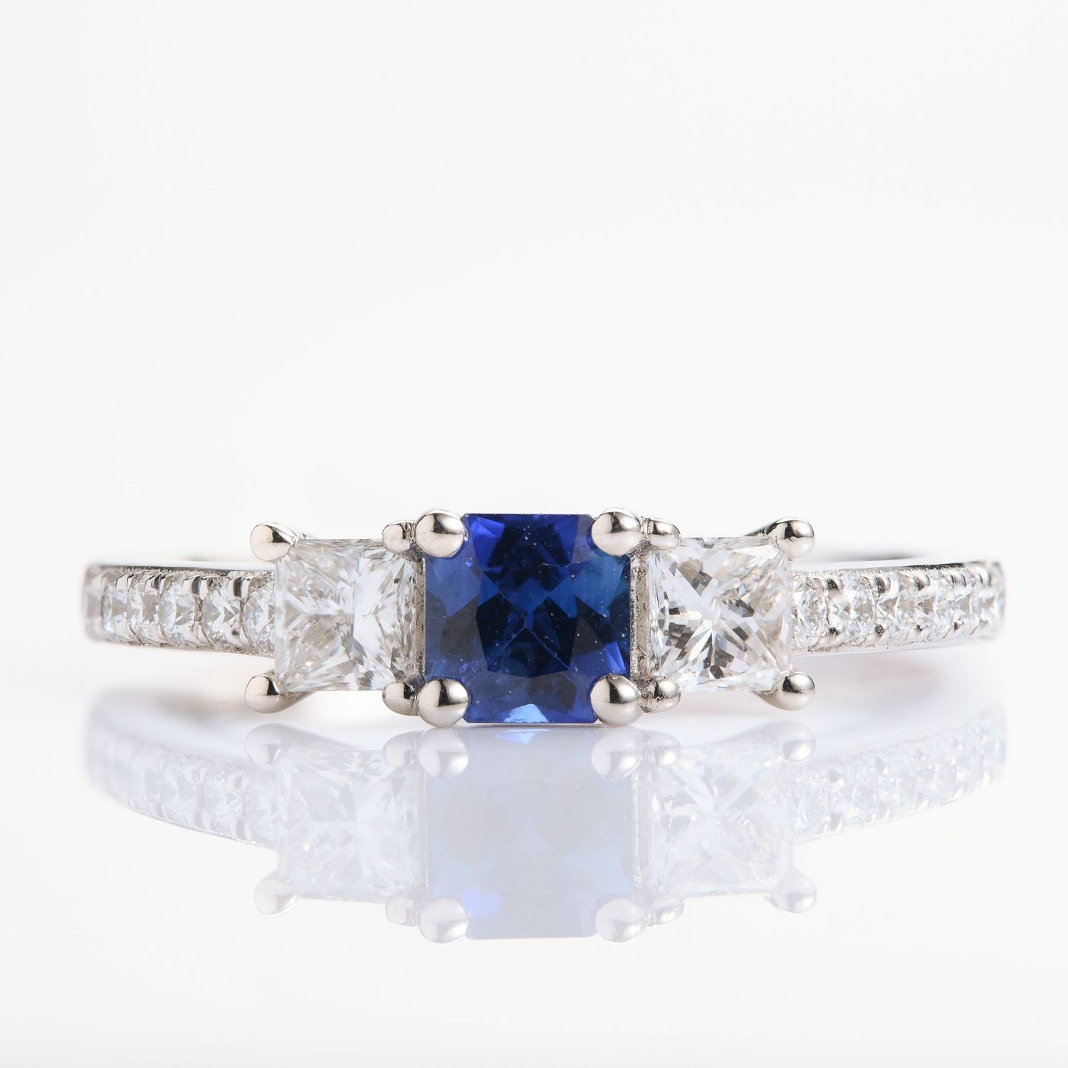 Platinum Princess Cut Sapphire & Diamond Trilogy Ring
