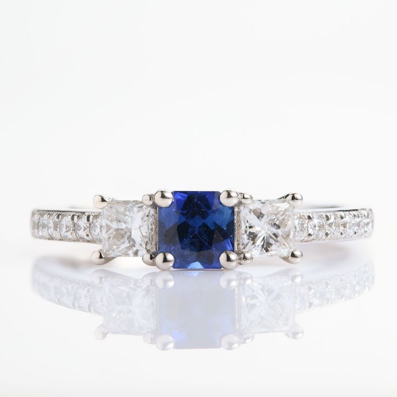Platinum Princess Cut Sapphire & Diamond Trilogy Ring