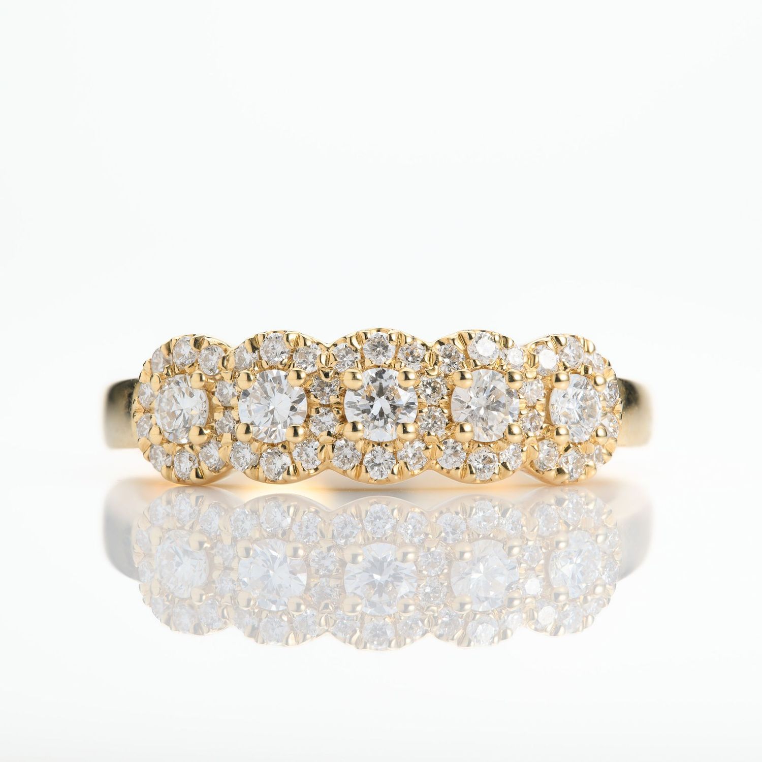 18ct Yellow Gold Round Brilliant Cut Diamond Halo Cluster Half Eternity Ring