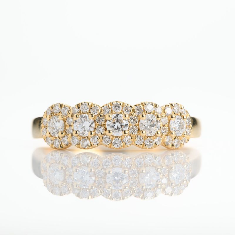18ct Yellow Gold Round Brilliant Cut Diamond Halo Cluster Half Eternity Ring