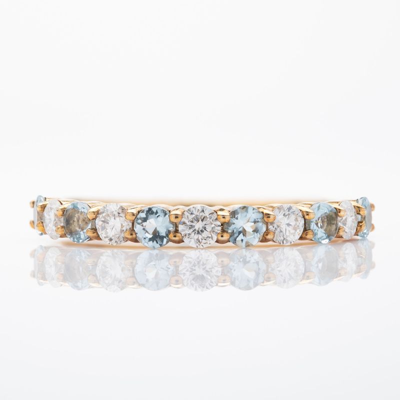 9ct Yellow Gold Round Cut Aquamarine & Round Brilliant Cut Diamond Claw Set Half Eternity Ring