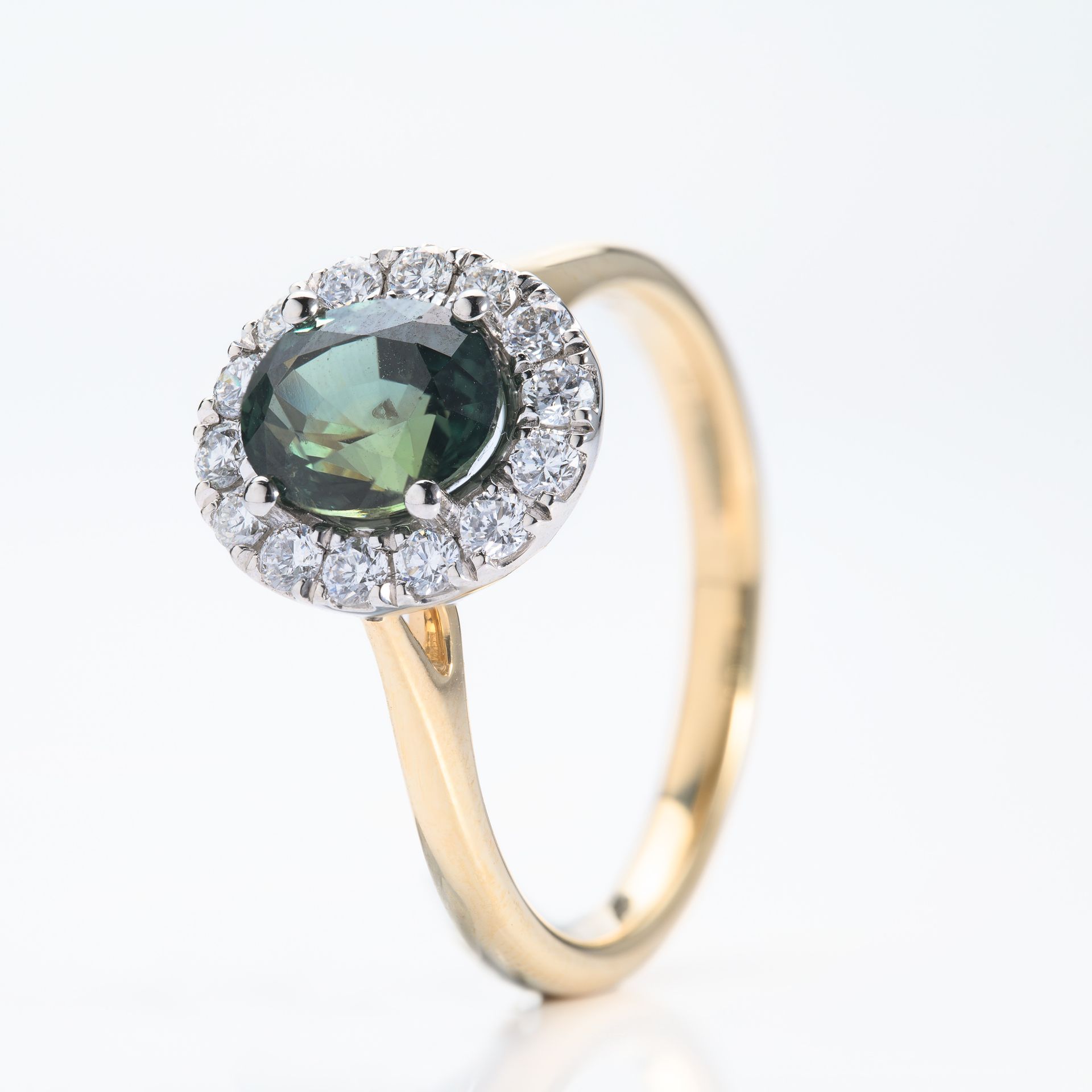 18ct Yellow Gold & Platinum Oval Cut Teal Green Sapphire & Round Brilliant Cut Diamond Halo Cluster Ring