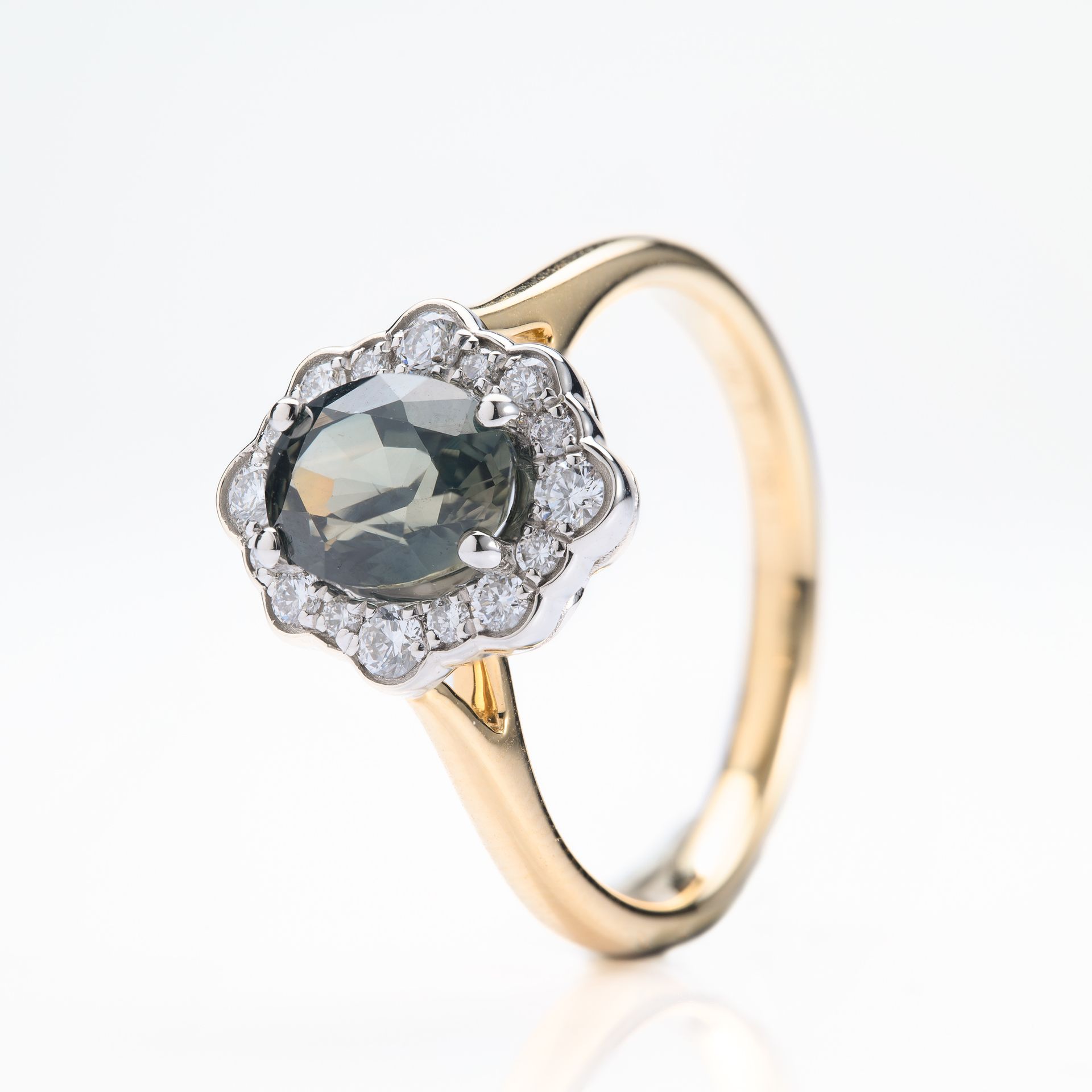 18ct Yellow Gold & Platinum Oval Cut Teal Sapphire & Round Brilliant Cut Diamond Cluster Ring