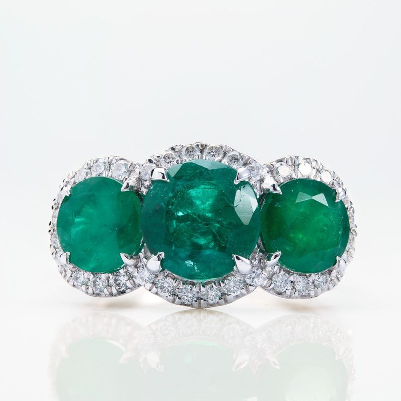 Platinum Round Cut Emerald & Round Brilliant Cut Diamond Triple Halo Cluster Ring