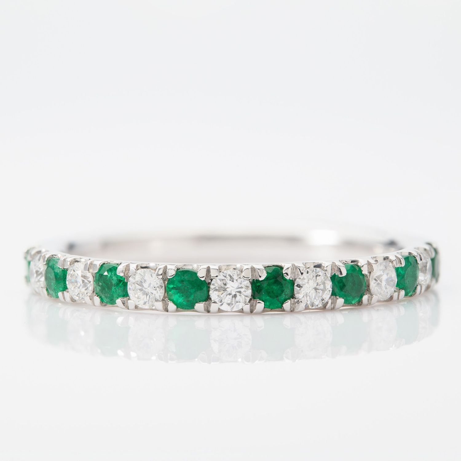 Platinum Round Cut Emerald & Round Brilliant Cut Diamond Claw Set Half Eternity Ring