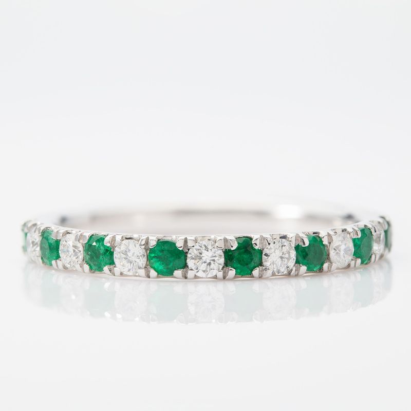 Platinum Round Cut Emerald & Round Brilliant Cut Diamond Claw Set Half Eternity Ring