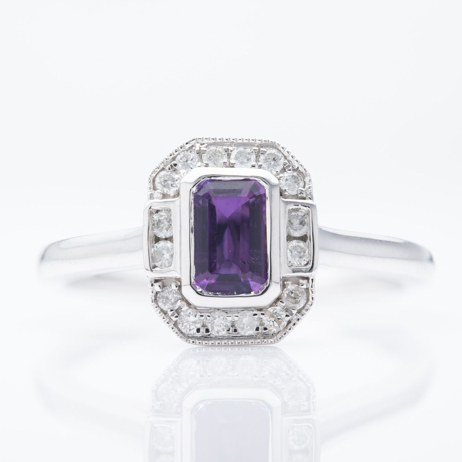 9ct White Gold Octagonal Cut Amethyst & Round Brilliant Cut Diamond Halo Cluster Ring