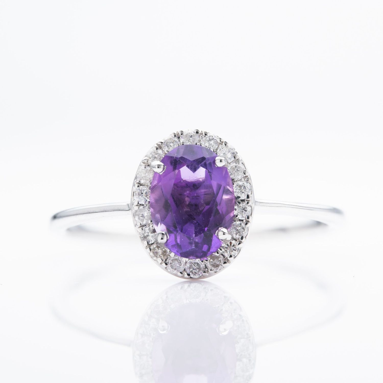 9ct White Gold Oval Cut Amethyst & Round Brilliant Cut Diamond Halo Cluster Ring
