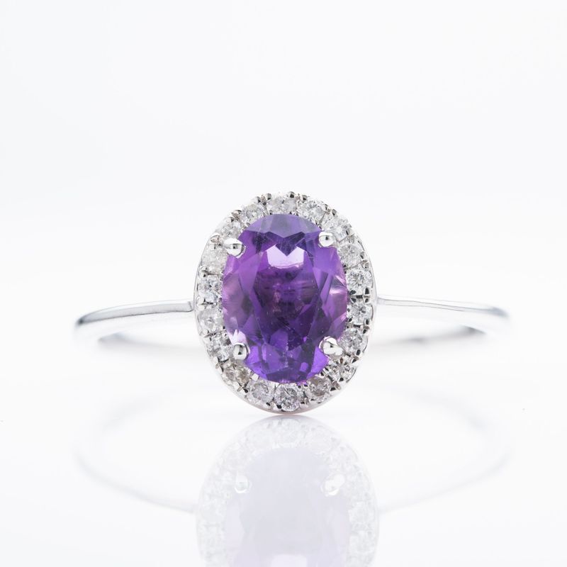 9ct White Gold Oval Cut Amethyst & Round Brilliant Cut Diamond Halo Cluster Ring