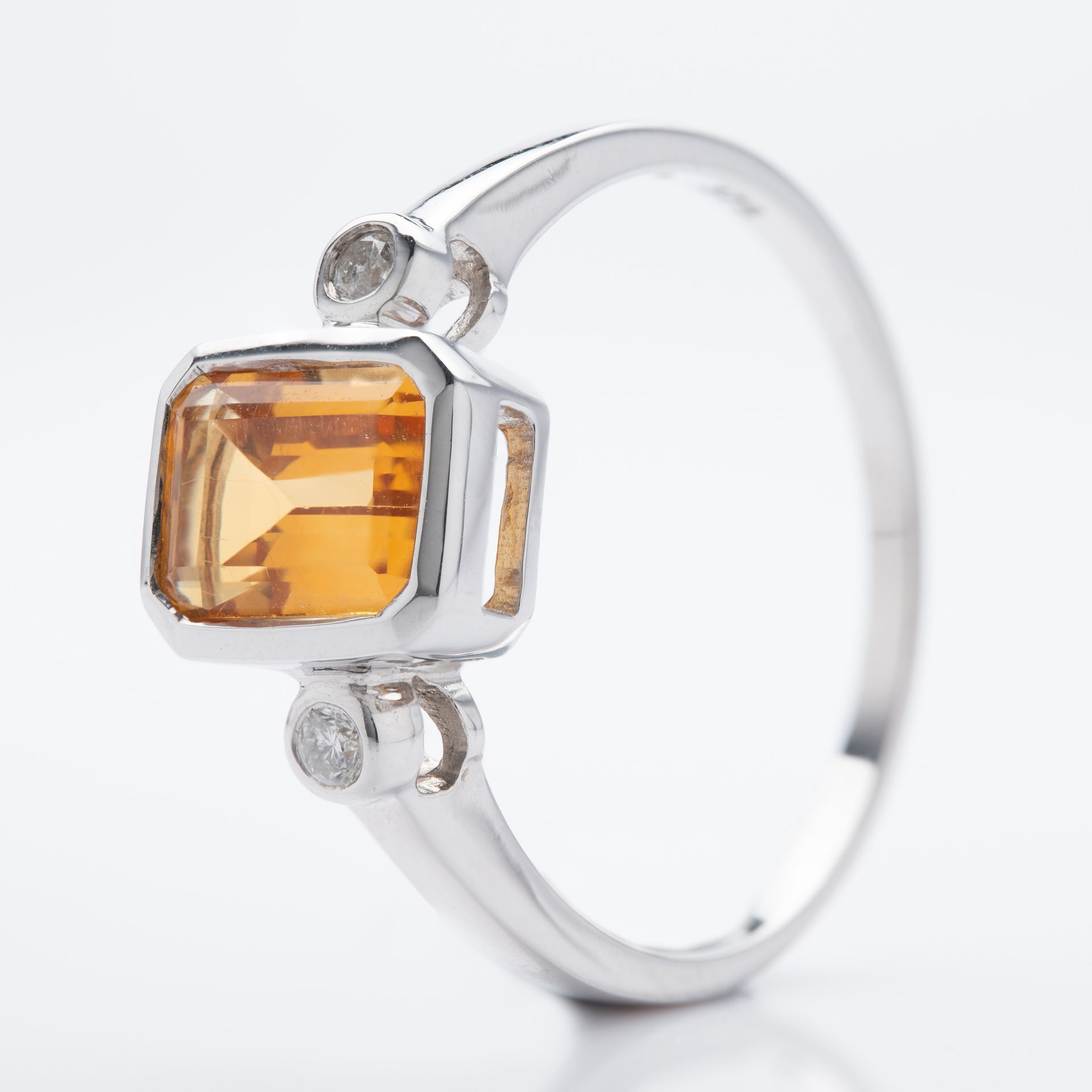 9ct White Gold Octagonal Cut Citrine & Round Brilliant Cut Diamond Trilogy Ring