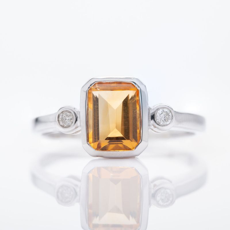 9ct White Gold Octagonal Cut Citrine & Round Brilliant Cut Diamond Trilogy Ring