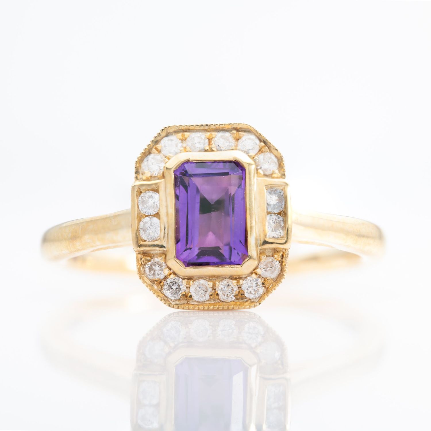 9ct Yellow Gold Octagonal Cut Amethyst & Round Brilliant Cut Diamond Halo Cluster Ring