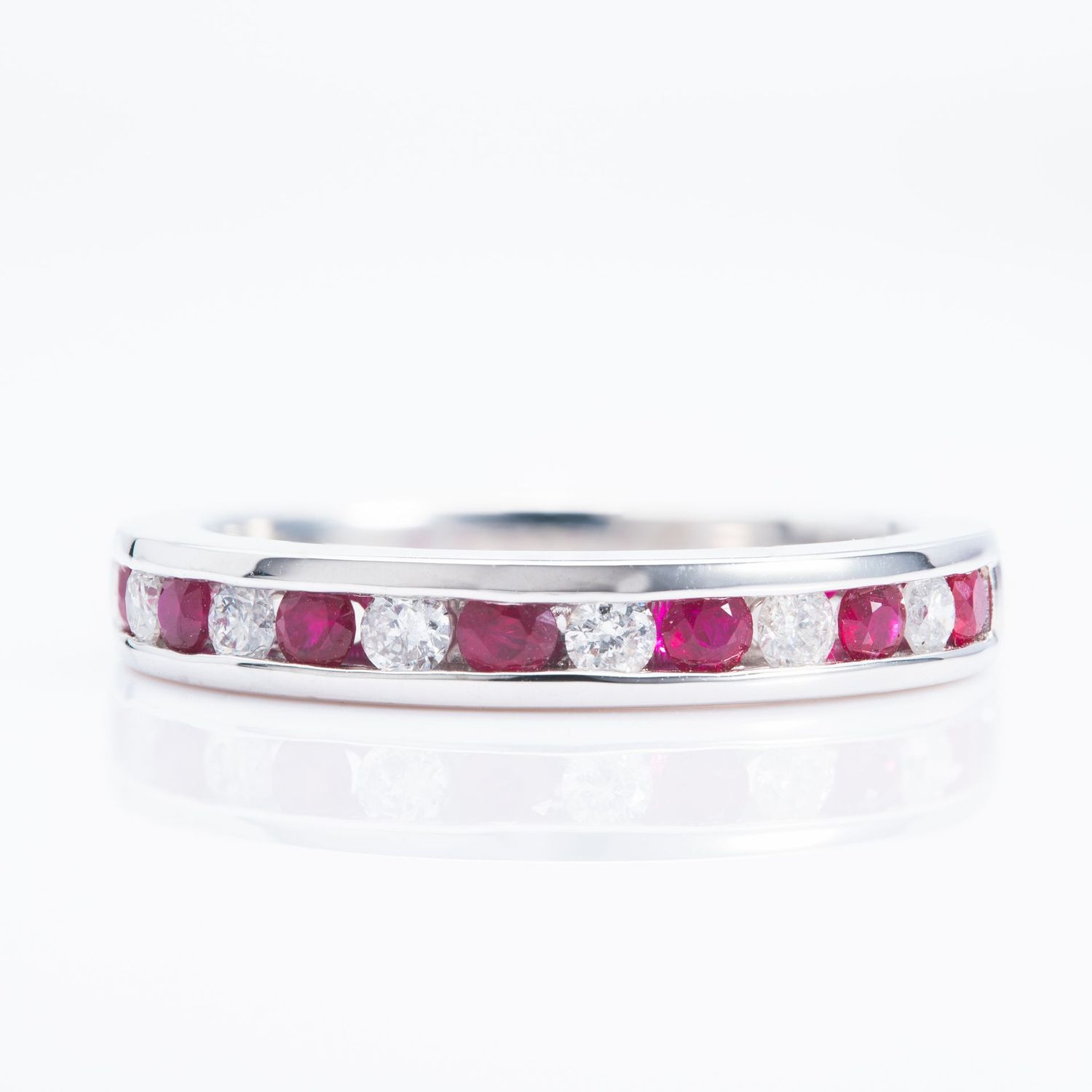 Platinum Round Cut Ruby & Round Brilliant Cut Diamond Channel Set Half Eternity Ring