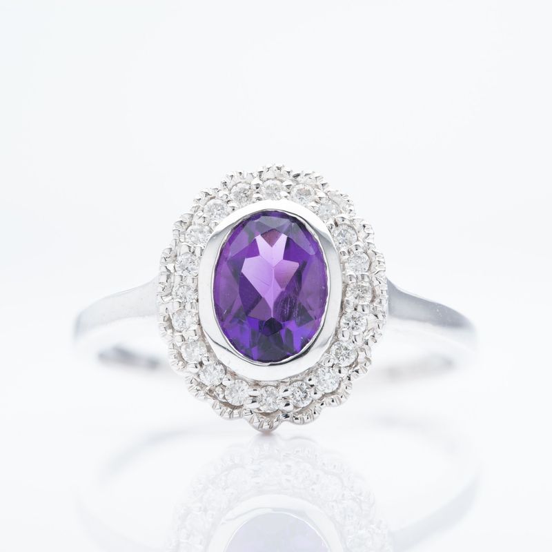 9ct White Gold Oval Cut Amethyst & Round Brilliant Cut Diamond Halo Cluster Ring
