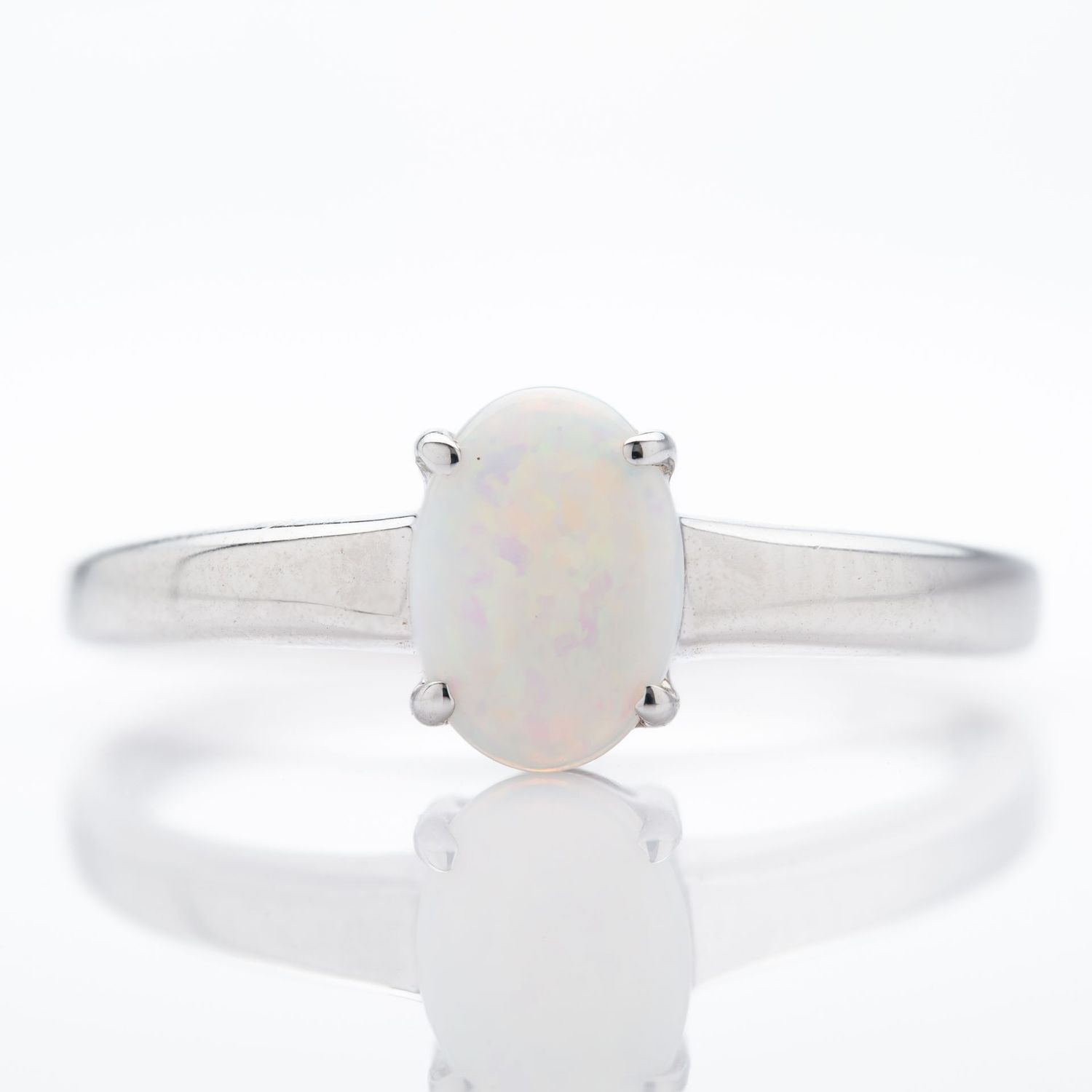 9ct White Gold Oval Cabochan Opal Claw Set Ring