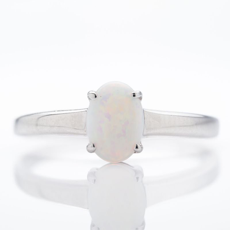 9ct White Gold Oval Cabochan Opal Claw Set Ring