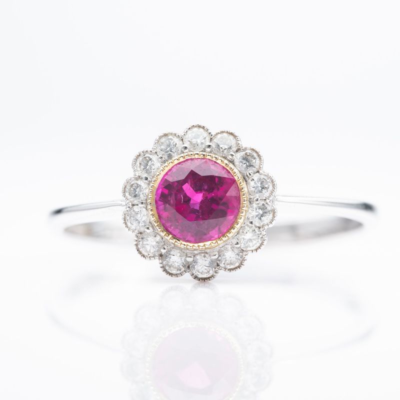 18ct White & Yellow Gold Round Cut Ruby & Round Brilliant Cut Diamond Flower Cluster Ring