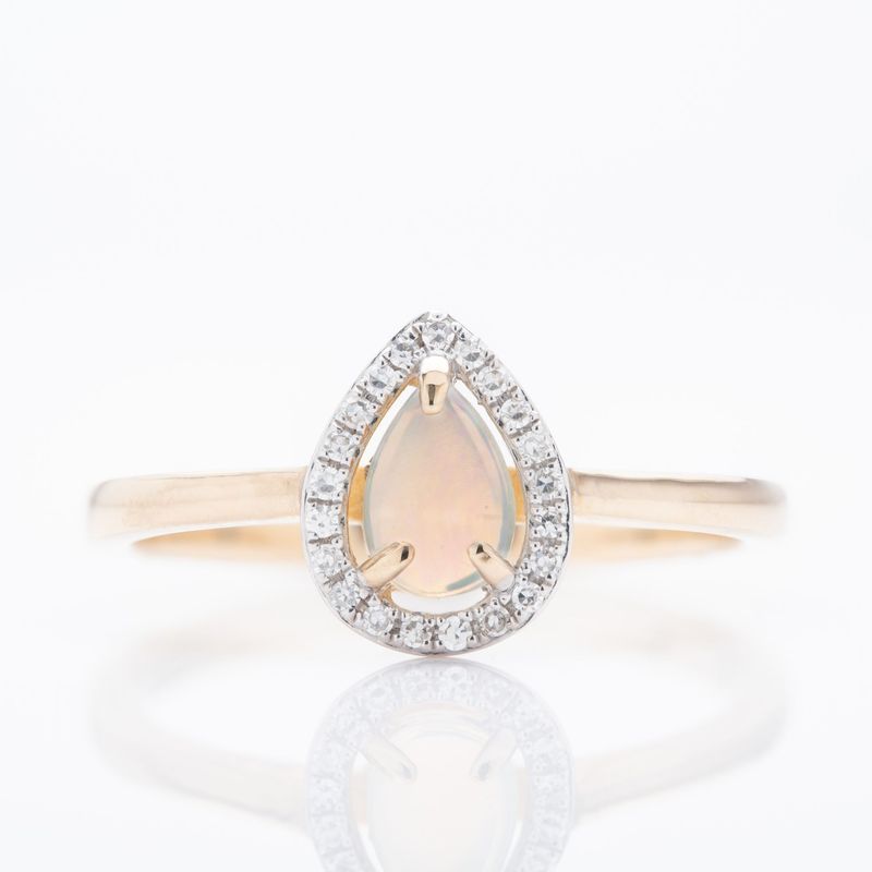 9ct Gold Pear Shaped Opal & Round Brilliant Cut Diamond Halo Cluster Ring