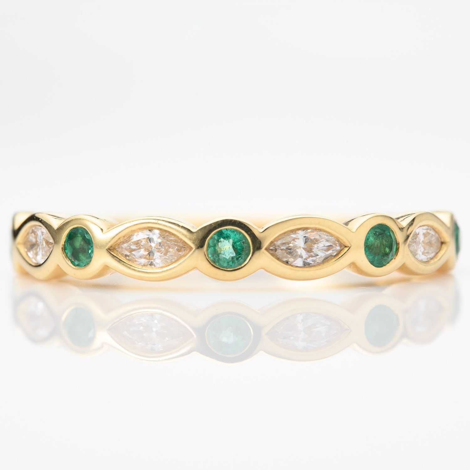 18ct Yellow Gold Round Cut Emerald & Marquise Cut Diamond Rubover Set Half Eternity Ring