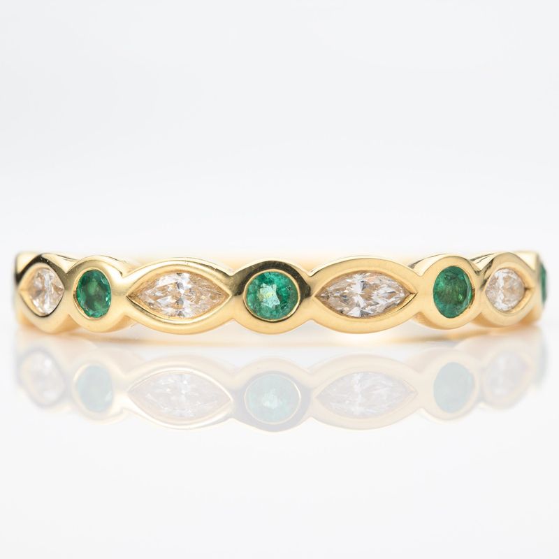 18ct Yellow Gold Round Cut Emerald & Marquise Cut Diamond Rubover Set Half Eternity Ring