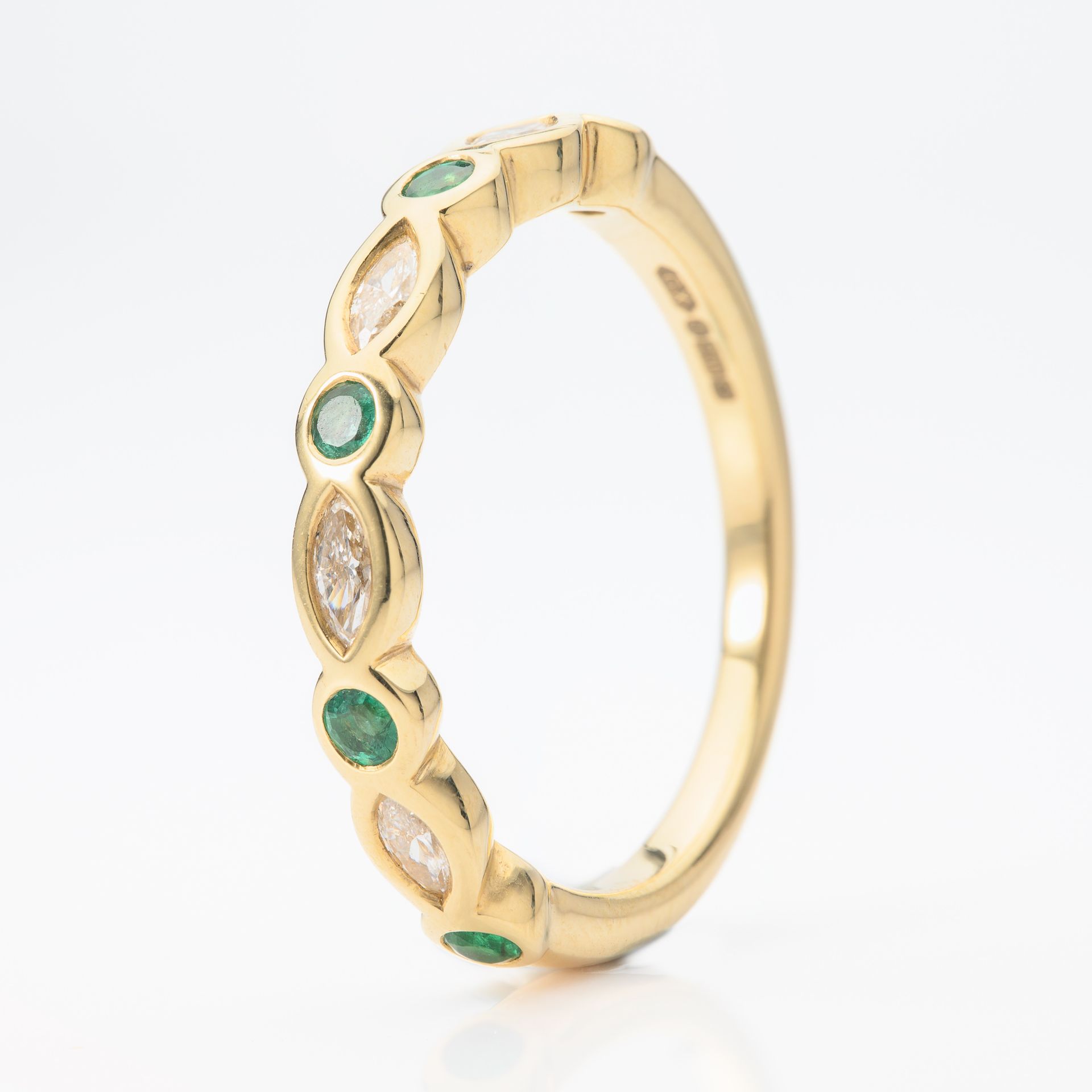 18ct Yellow Gold Round Cut Emerald & Marquise Cut Diamond Rubover Set Half Eternity Ring