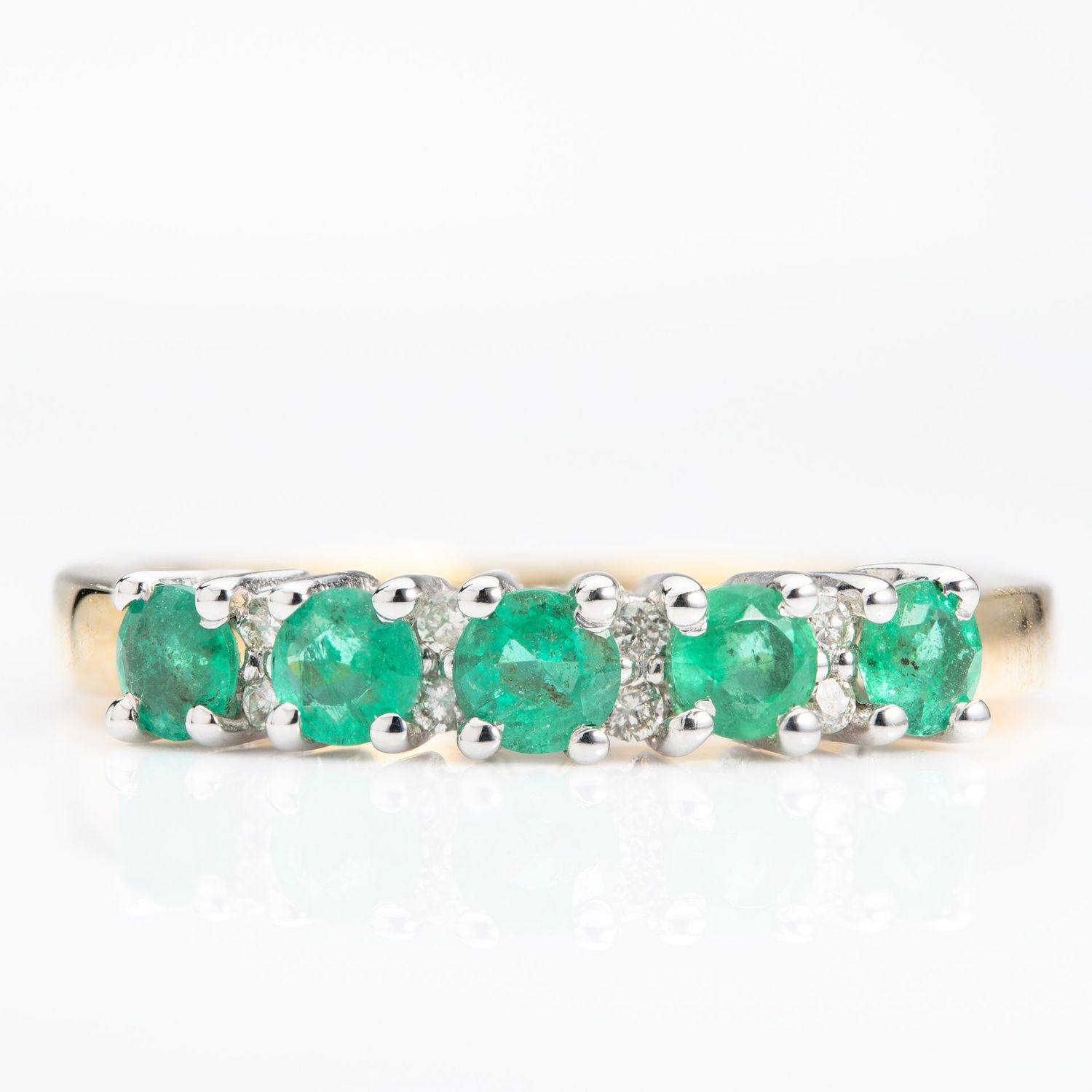 9ct Gold Round Cut Emerald & Round Brilliant Cut Diamond Claw Set Half Eternity Ring