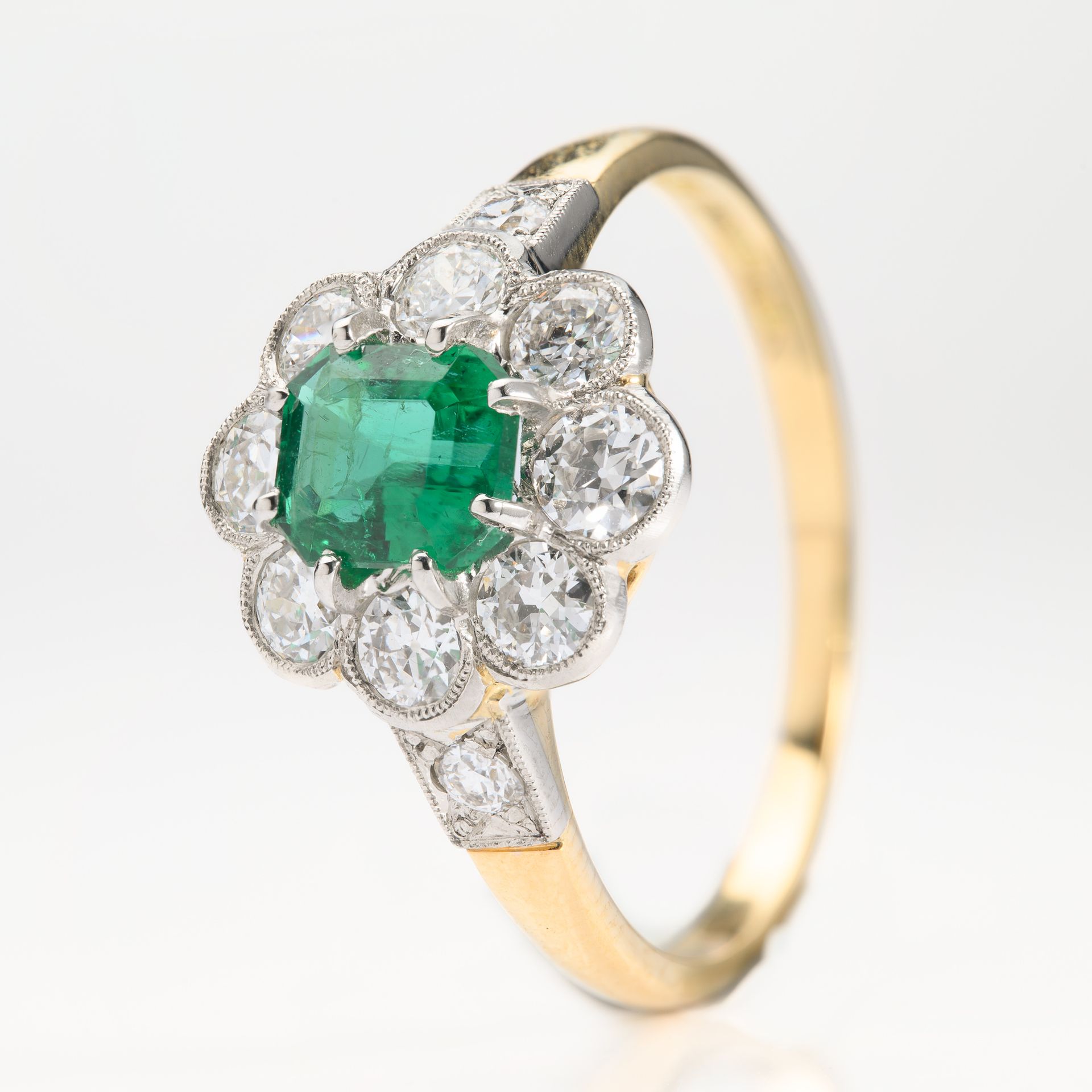 18ct Yellow Gold & Platinum Octagonal Cut Emerald & Round Brilliant Cut Diamond Flower Cluster Ring
