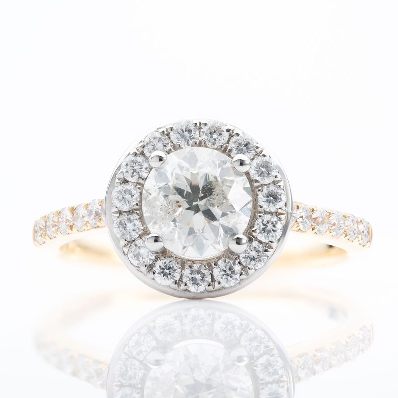 18ct Yellow & White 1.01ct Certificated Round Brilliant cut Diamond Halo Cluster Ring