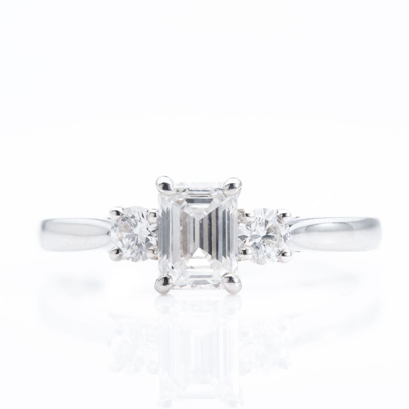 Platinum & Diamond Emerald Cut and Brilliant Cut Trilogy Ring