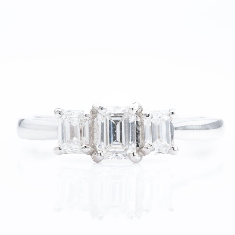 Platinum Emerald Cut Diamond Trilogy Ring